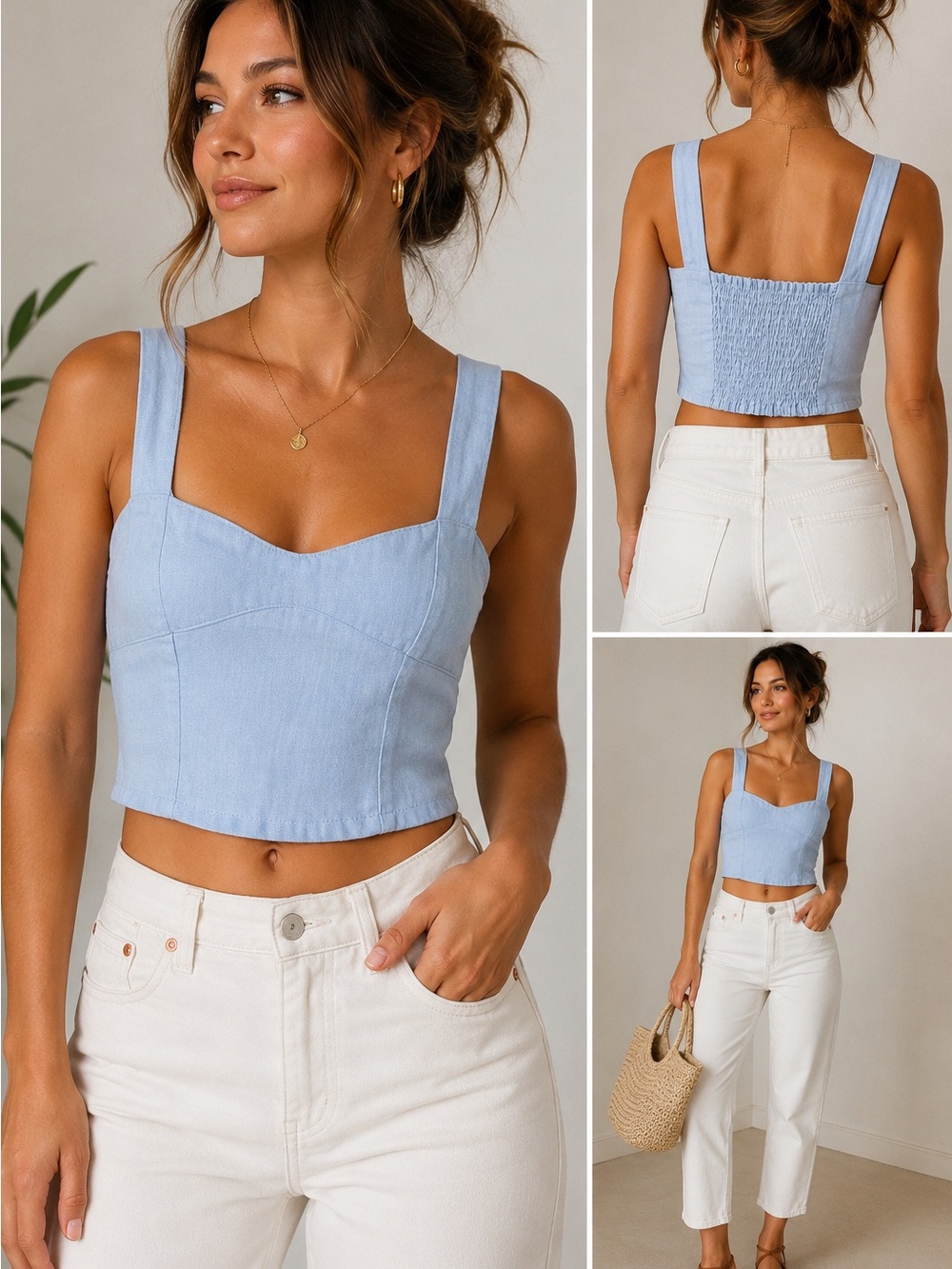 Abercrombie & Fitch Blue Linen Blend Crop Tank Top Smocked Back Sz Small - Picture 2 of 8